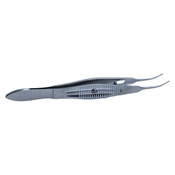 Moody Curved Right Fixation Forceps With Thru Handle Click Lock And Thumb Release Polished Finish, Solid Serrated Castro Handle Curved Shafts, 0.5mm, 1 x 2 Teeth, And Overall Length Of 4 1/4" (108mm) 